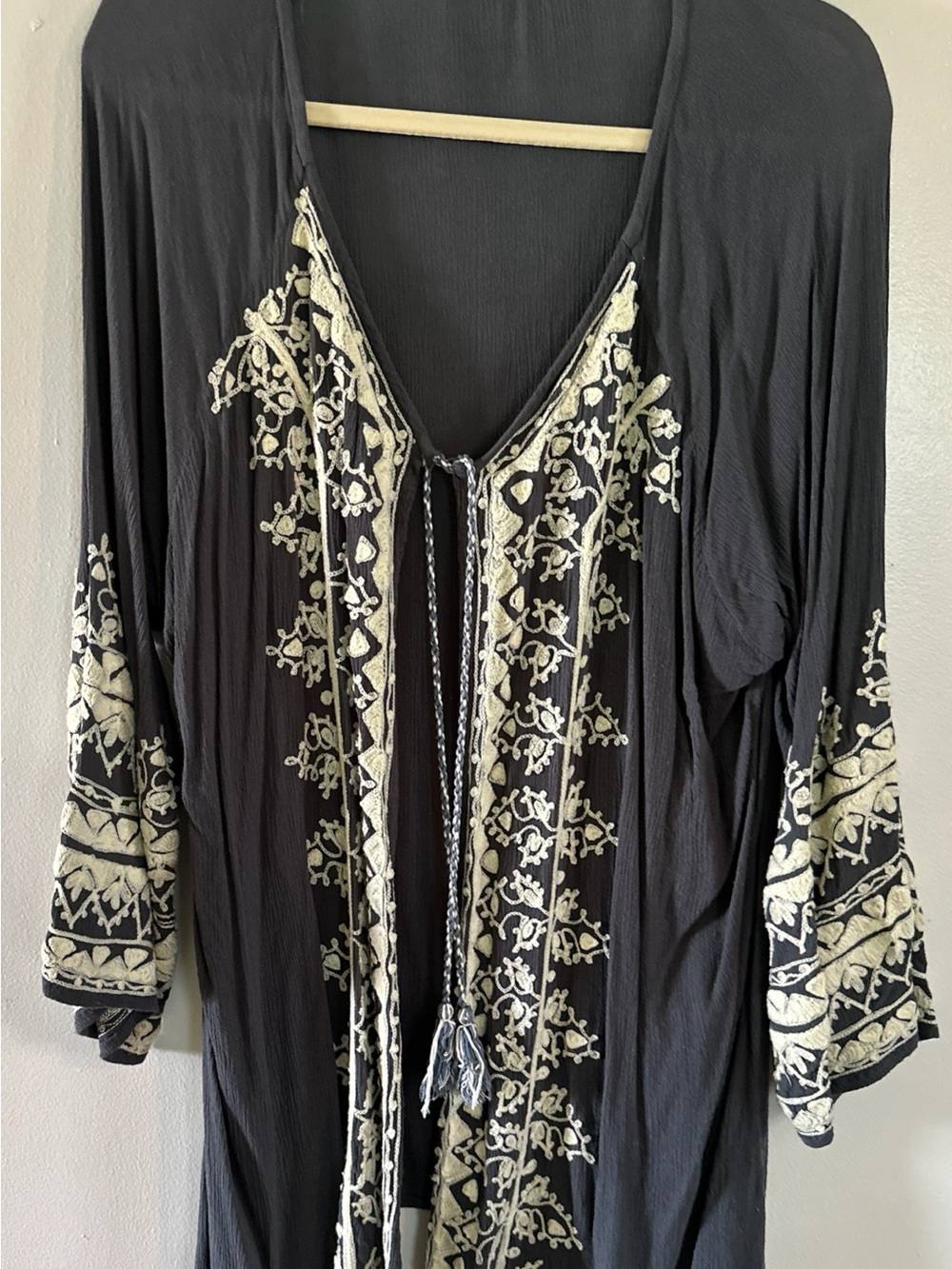 Black Embroidered V-Neck Tunic Top with Ivory Trim